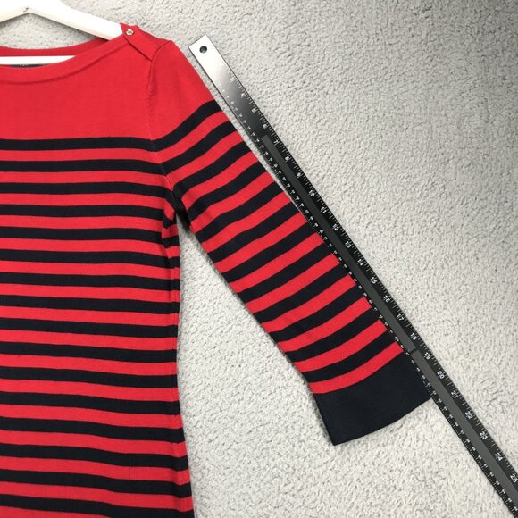TOMMY HILFIGER Top Womens SMALL Red Blue Stripe Knit 3/4 Sleeve Button Shoulder - Picture 10 of 13